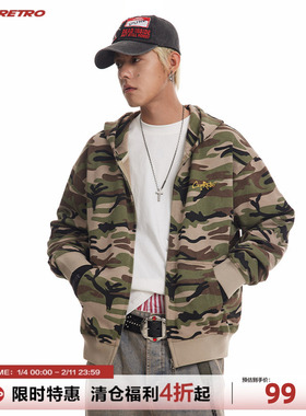 CoosRetro美式复古310g迷彩重磅连帽卫衣外套宽松拉链外套开衫潮