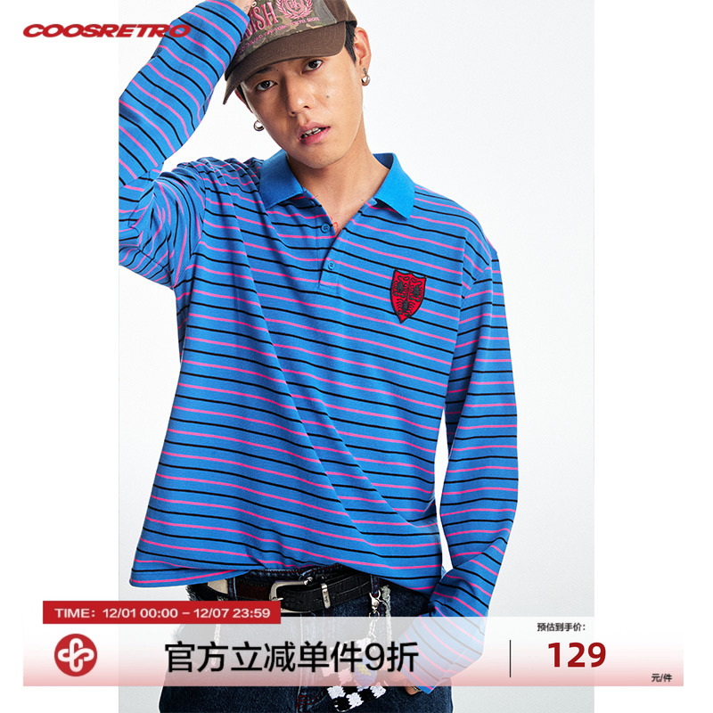 CoosRetro美式复古经典条纹撞色长袖T恤贴补绣宽松显瘦polo针织衫