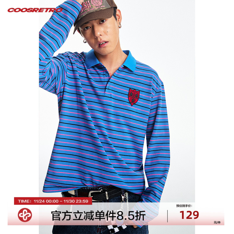 CoosRetro美式复古经典条纹撞色长袖T恤贴补绣宽松显瘦polo针织衫