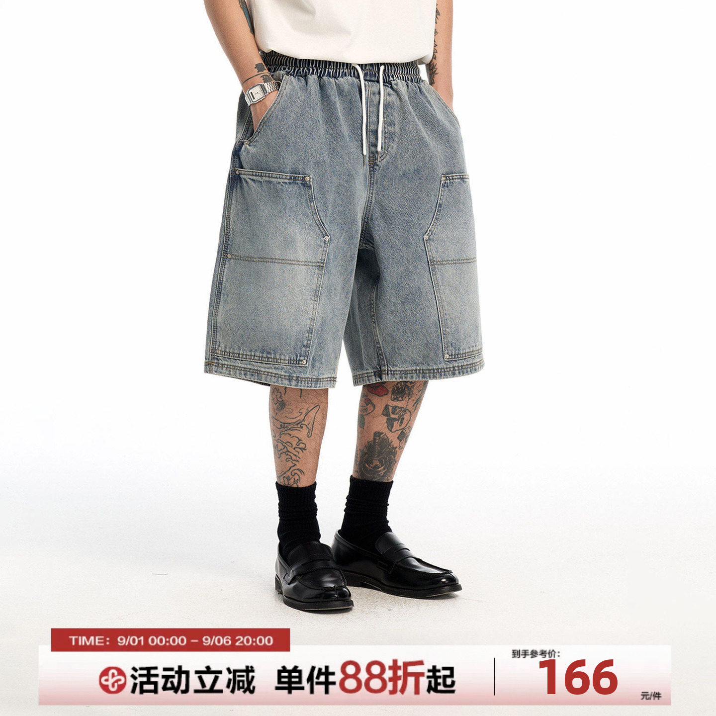 纯棉重磅牛仔五分短裤男做旧系带图片