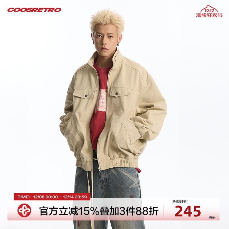 CoosRetro美式复古logo刺绣立领座山雕外套春季情侣休闲百搭夹克