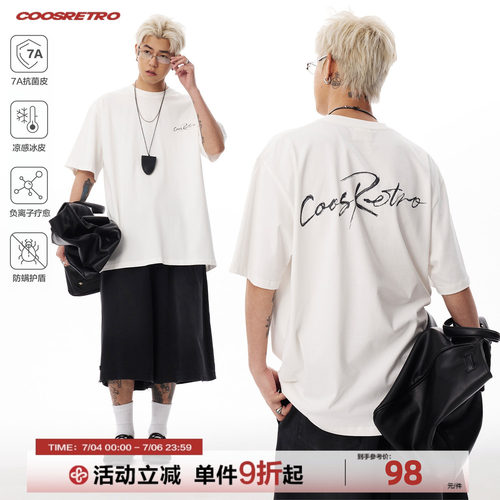 CoosRetro美式复古印花男生短袖T恤情侣潮牌夏季宽松纯棉白色上衣