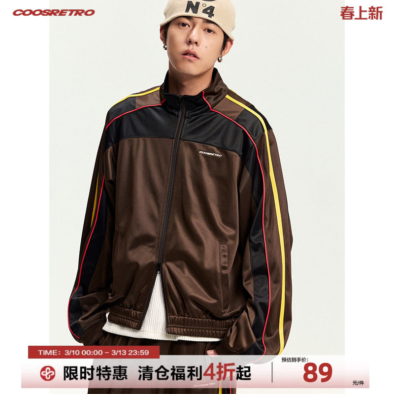 CoosRetro 美式潮牌男士春季金光绒结构织带拼接logo刺绣夹克外套