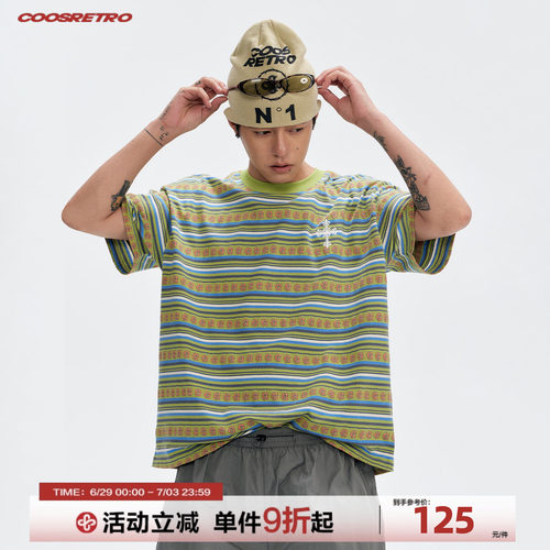 CoosRetro美式复古LOGO刺绣条纹短袖T恤男生夏季薄款宽松百搭上衣