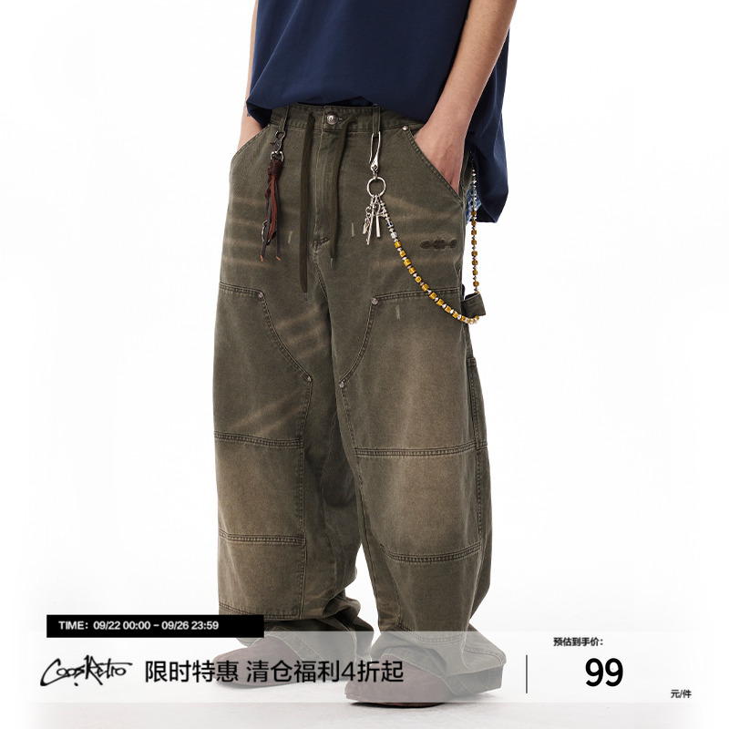 CoosRetro美式复古多色绣花水洗做旧伐木裤夏季男女潮休闲舒适裤