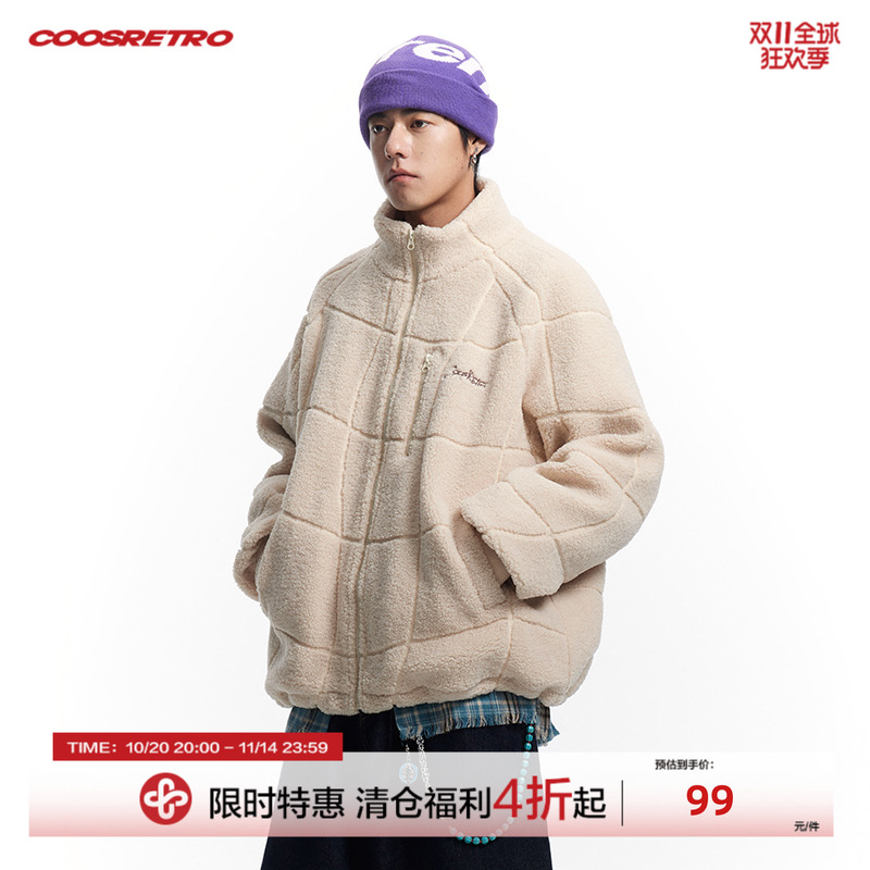 CoosRetro美式复古潮牌logo刺绣立领绗线羊羔绒外套冬季保暖棉服