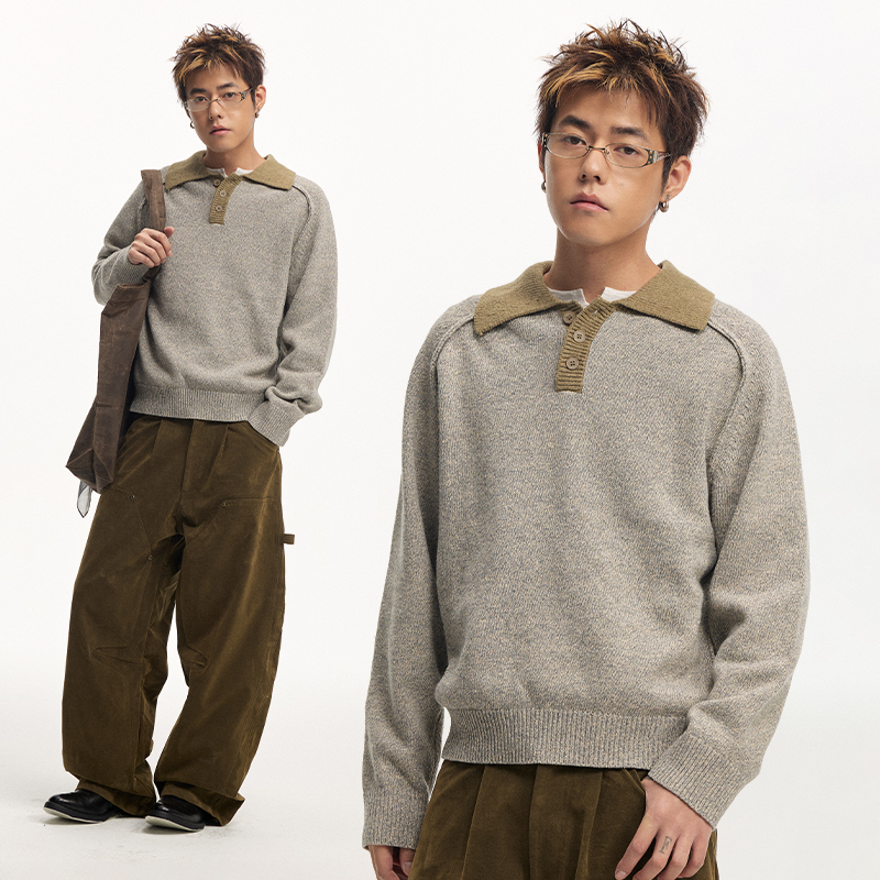 CoosRetro 冬季新款男士POLO撞色长袖翻领慵懒感休闲宽松针织毛衣