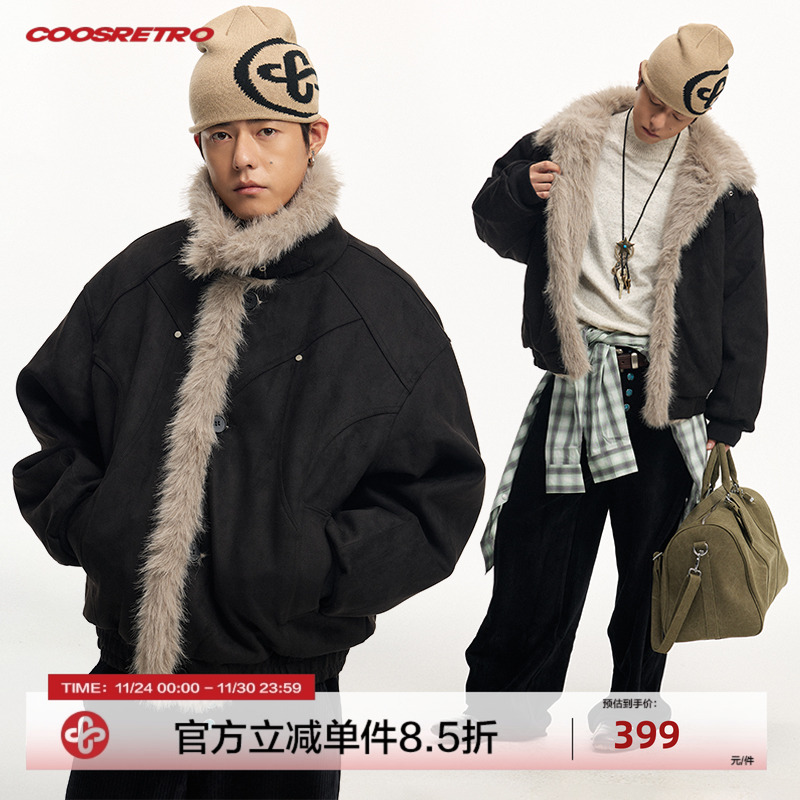 CoosRetro 美式复古冬季男仿麂皮棉服座山雕毛领拼接结构铆钉外套