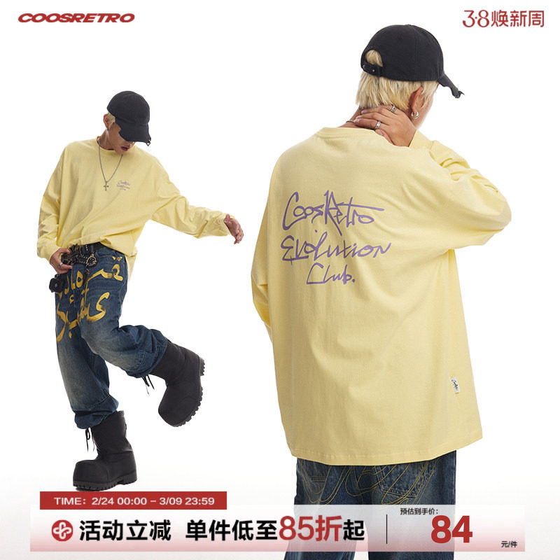 CoosRetro美式复古270g字母印花长袖T恤男女圆领纯棉春秋打底衫