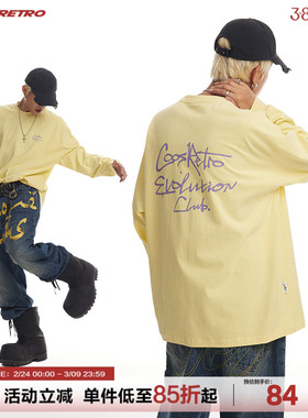 CoosRetro美式复古270g字母印花长袖T恤男女圆领纯棉春秋打底衫