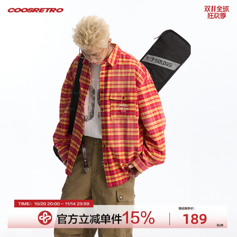 CoosRetro美式复古logo刺绣衬衫男女长袖格子百搭休闲开衫外套潮