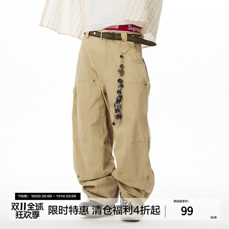 CoosRetro美式复古刺绣logo水洗伐木铆钉工装裤夏男女百搭宽松裤