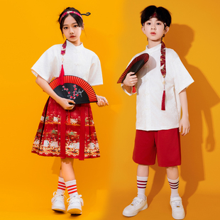 毕业儿童大合唱演出服啦啦队表演服男女童马面裙诗歌朗诵表演汉服