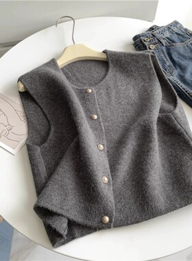 感灰色小金扣针织马甲女秋冬软糯叠穿毛衣背心设计感无袖上