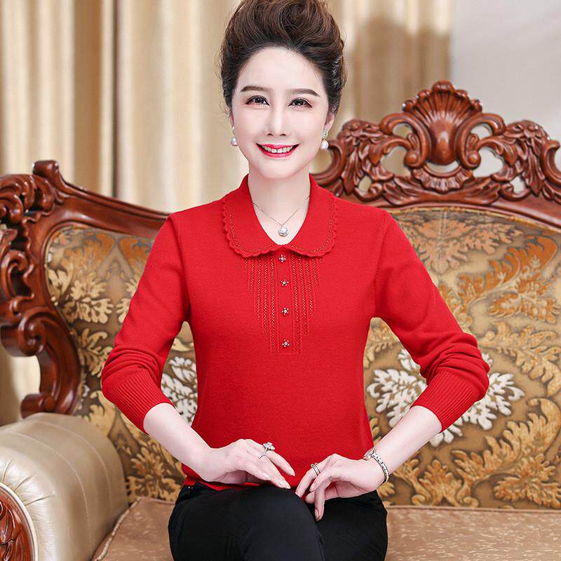 妈妈秋装针织打底衫翻领减龄上衣中老年女春秋毛衣喜婆婆结婚礼