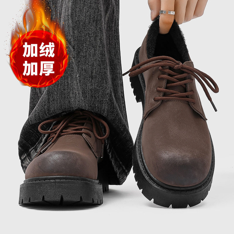 德比棉鞋2026新款冬季低帮马丁靴男保暖复古工装厚底翻毛加绒皮鞋