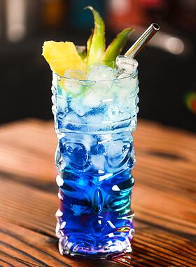 三星堆浮雕玻璃杯透明tiki杯鬼脸提基酒杯个性创意鸡尾酒杯果汁杯