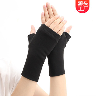 直销露指手套女冬双层加厚学生写字保暖男短半截手套半指