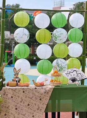 2025新款绿色纸灯笼挂饰中秋节日幼儿园氛围场景布置装饰立柱宫灯