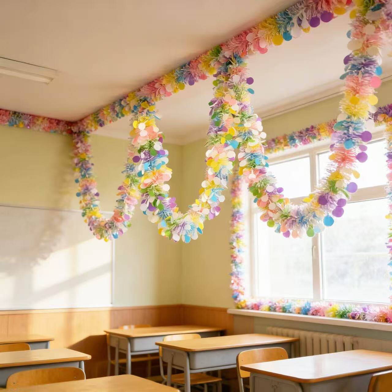 马卡龙毛条装饰幼儿园小学校教室毕业儿童节生日拉花彩带场景布置