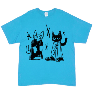 网络流浪汉涂鸦喷绘小众独特线稿小猫氛围感无性别男女短袖T恤