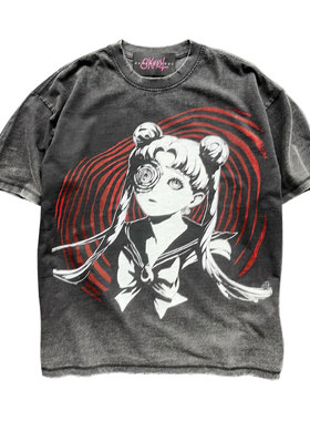 网络流浪汉涂鸦喷绘轻亚文化黑色黑红叛逆日漫怪诞穿搭短袖T恤