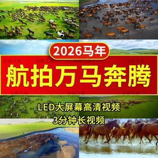 2026马年会航拍内蒙古大草原骏马群万马奔腾led舞台背景视频素材