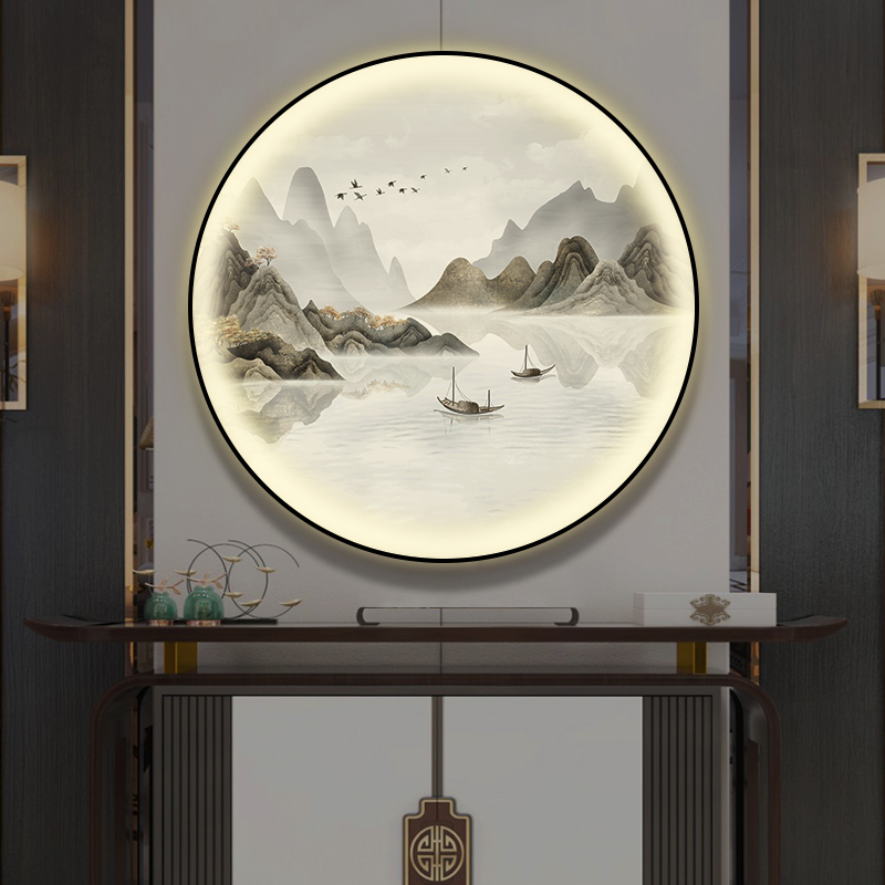 新中式入户玄关装饰画灯画圆形山水画客厅风景画走廊过道茶室挂画图片