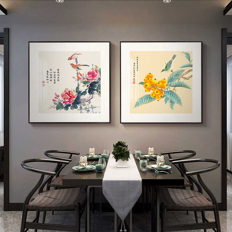 牡丹花挂画新中式餐厅装饰画中国风餐桌背景墙画正方形玄关入户画图片