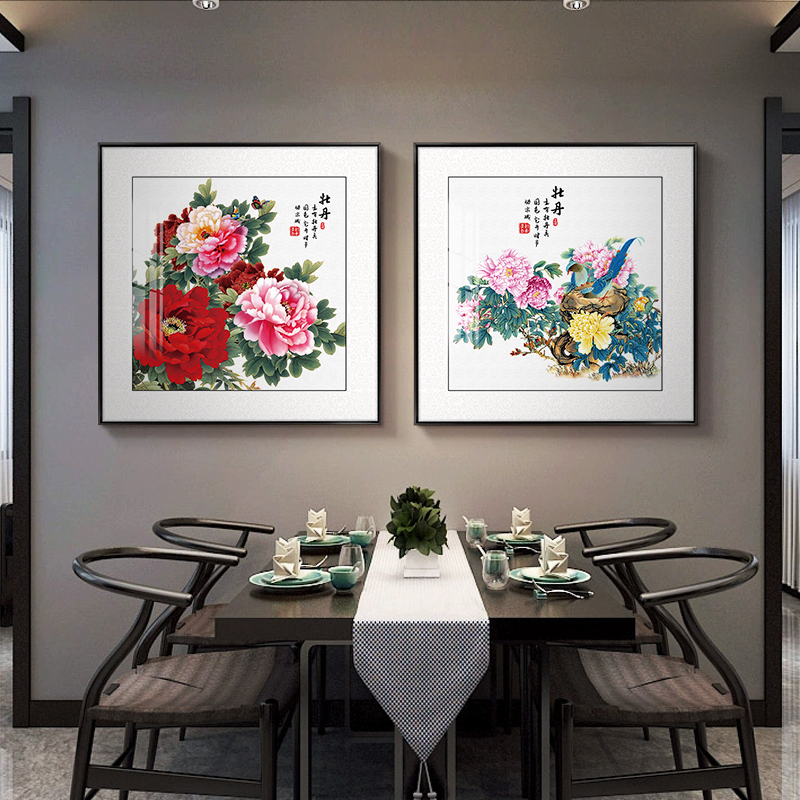牡丹花挂画新中式餐厅装饰画中国风餐桌背景墙画正方形玄关入户画图片