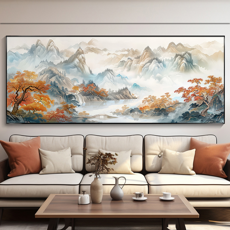 风景山水画办公室挂画新中式客厅装饰画背有靠山沙发背景墙水墨画