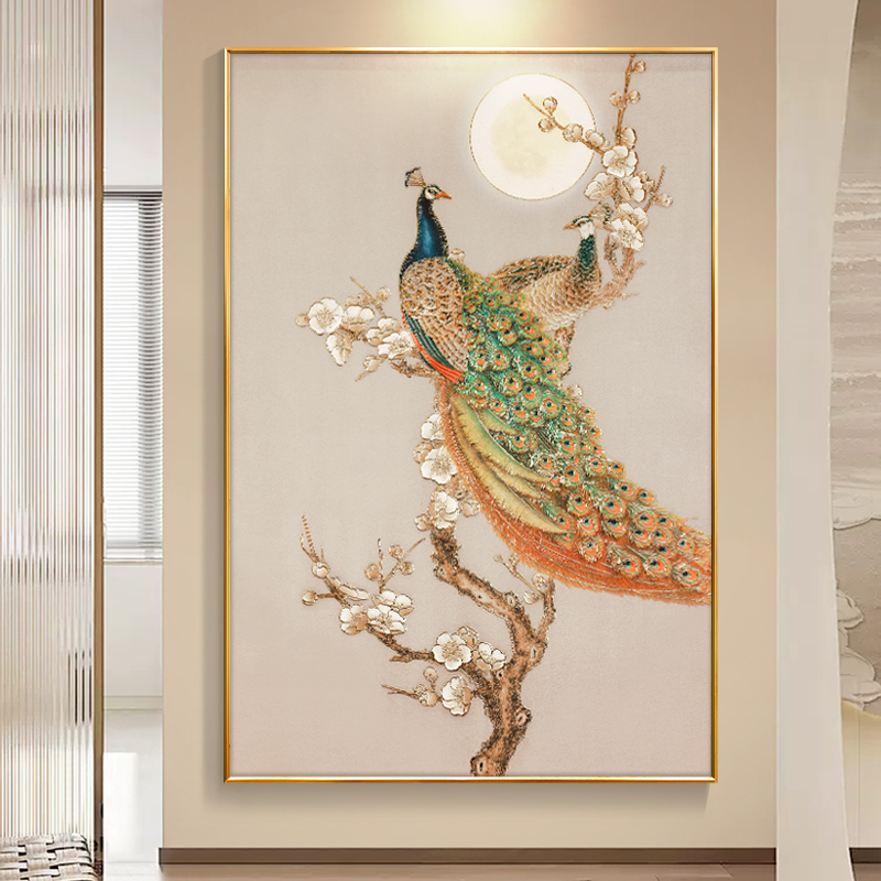 浮雕描金孔雀挂画中式竖版玄关背景墙装饰画客厅过道餐厅高档壁画图片