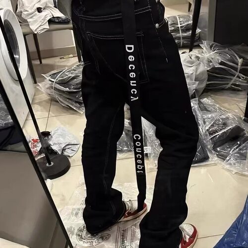 美式高街轻奢穿搭DC字母飘带牛仔裤男女网红同款休闲百搭微喇长裤