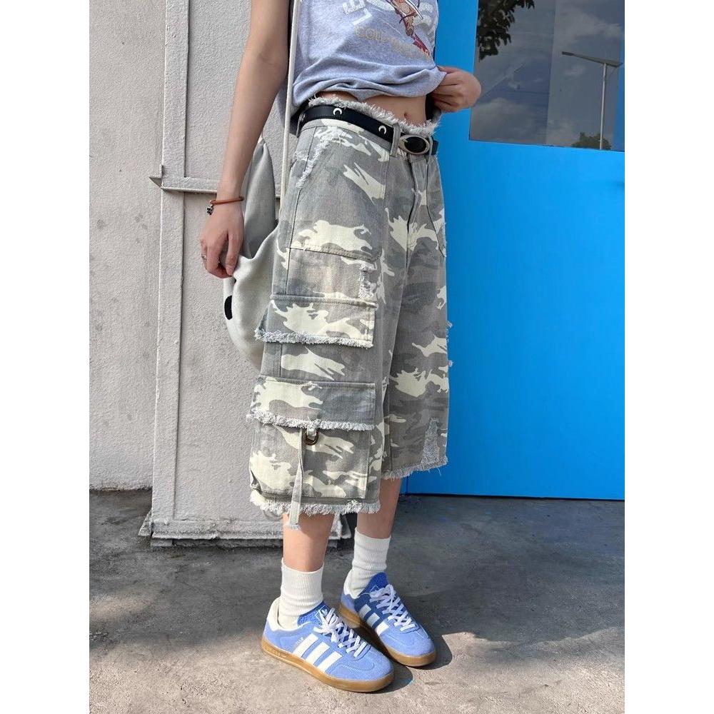 美式迷彩工装短裤男宽松直筒七分裤破坏感街头复古夏季青少年马裤
