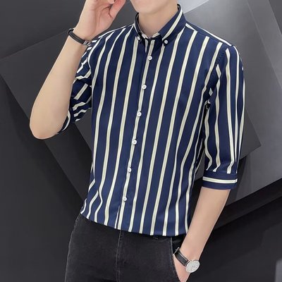短袖男潮牌潮流衬衫夏季修身半袖条纹衬衣服帅气商务休闲冰丝凉感