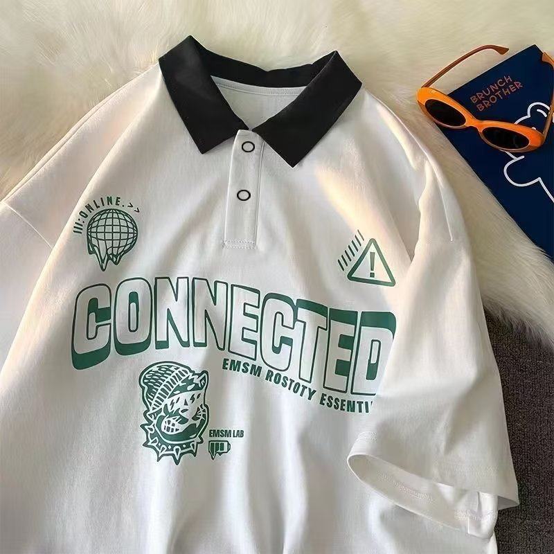 学院风polo衫短袖班服t恤男女夏季情侣ins潮牌痞帅炸街翻领棒球服