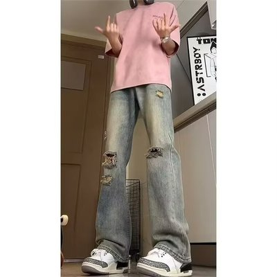 烟灰色微喇牛仔裤男夏季190高个子加长裤子美式高街窄版直筒裤薄