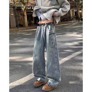 长裤 男潮牌廓形拼接口袋休闲宽松阔腿工装 街头复古弯刀牛仔裤 美式