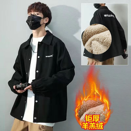 工装外套男士秋冬款痞帅牛仔夹克男生加绒棉服棒球服男款衬衫上衣