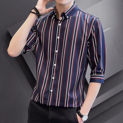 短袖男潮牌潮流衬衫夏季修身半袖条纹衬衣服帅气商务休闲冰丝凉感