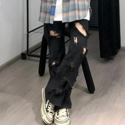 纯黑色乞丐破洞牛仔裤男款夏季美式高街vibe裤子微辣喇修身直筒裤