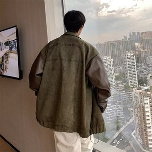 麂皮绒外套男春秋季 oversize高街拼接休闲机车皮夹克 美式 复古大码