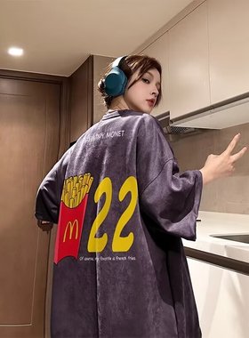 麂皮绒紫色t恤男潮牌夏季大码oversize短袖美式高街280g重磅半袖