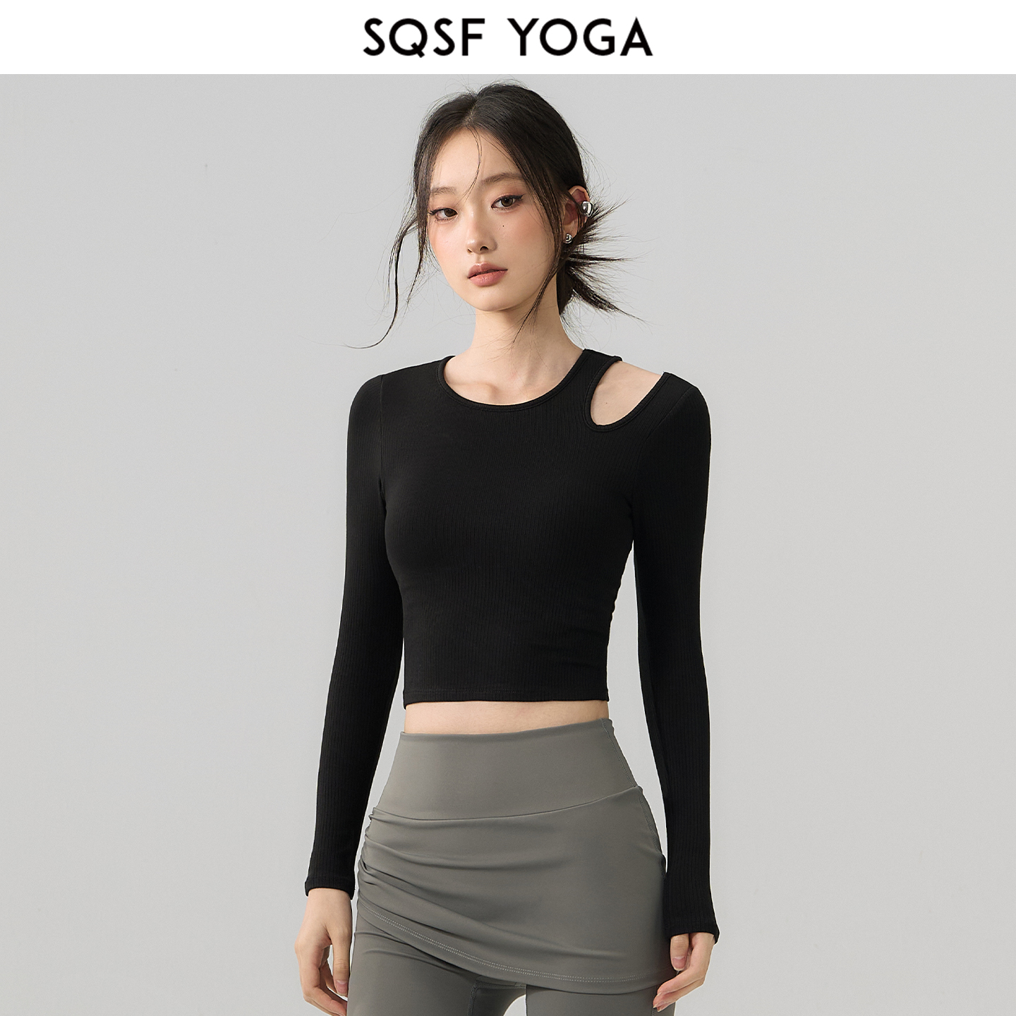 SQSF运动上衣女秋季外穿短款长袖健身T恤带胸垫普拉提训练瑜伽服