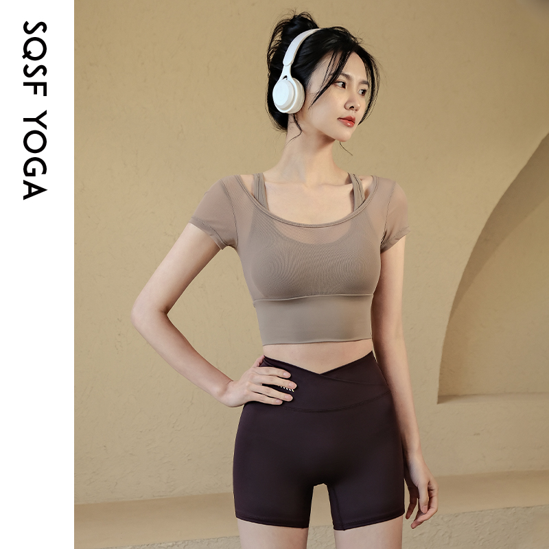 SQSF带胸垫瑜伽服女网纱短袖t恤