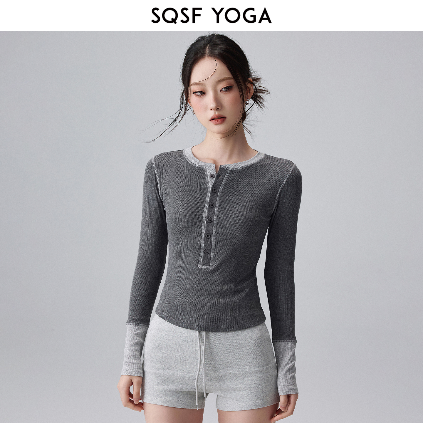 SQSF撞色运动长袖女秋季假两件瑜伽服修身显瘦打底衫外穿健身上衣