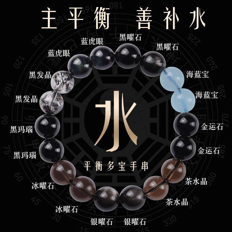 五行属水补水缺水喜水手串男平衡磁场天然黑曜石多宝护身水晶手链