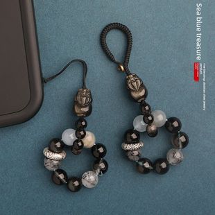 五行喜水金黑曜石皮绣吉祥银珠宝手机挂件天然石海蓝宝石水晶钥匙