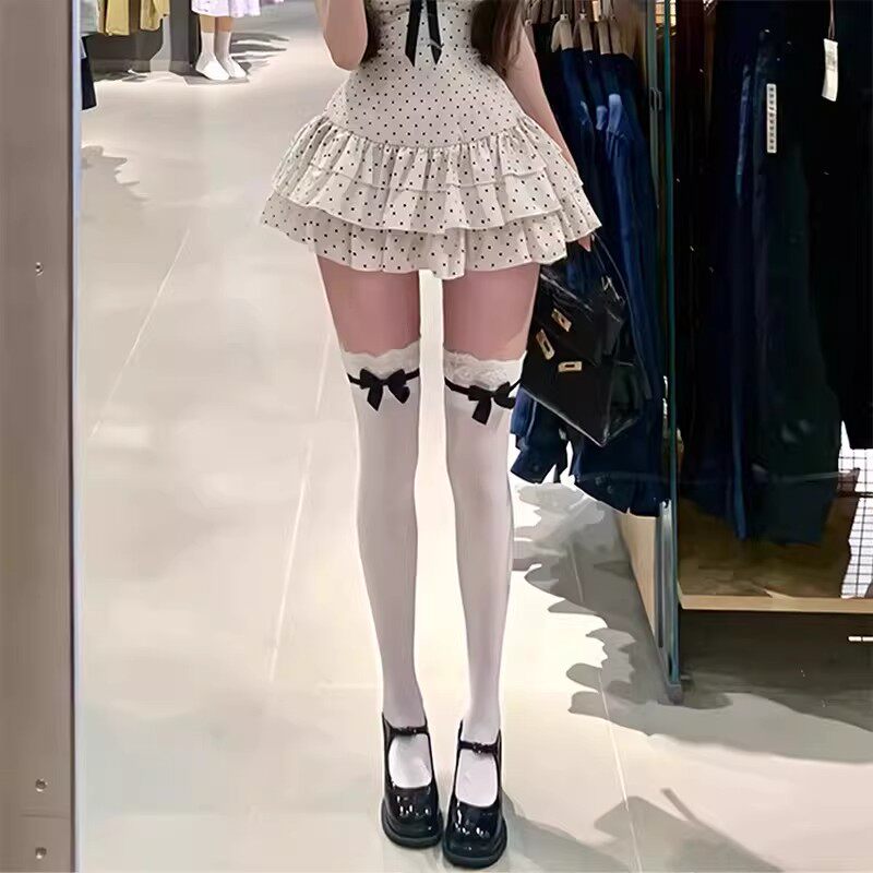 lolita蕾丝花边高筒蝴蝶结大腿袜丝袜天鹅绒白色过膝长筒袜女廋腿