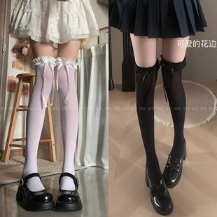 洛丽塔花边黑色lolita秋天薄款黑丝袜过膝袜蝴蝶结长筒袜子木耳边